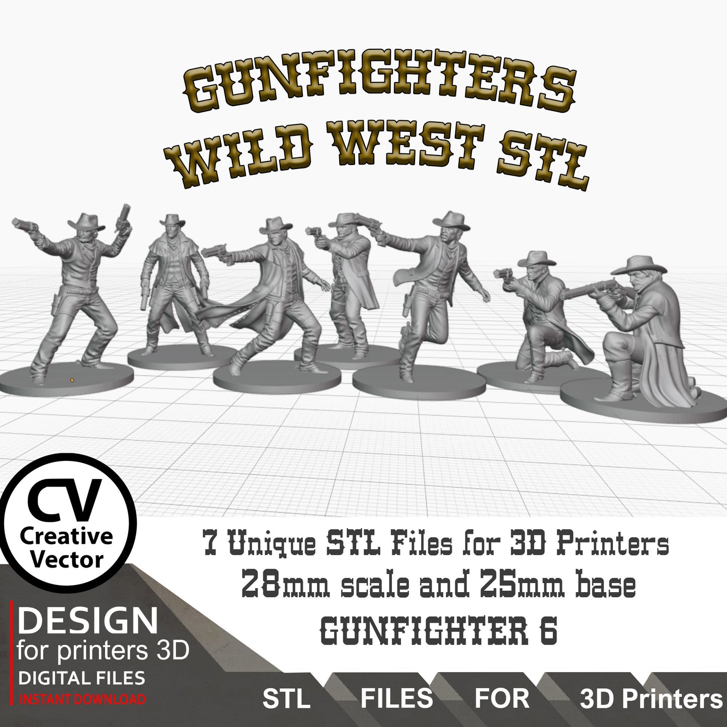 7 STL Files for 3D Printer 6 Gunfighters and Sheriff (Digital Download)