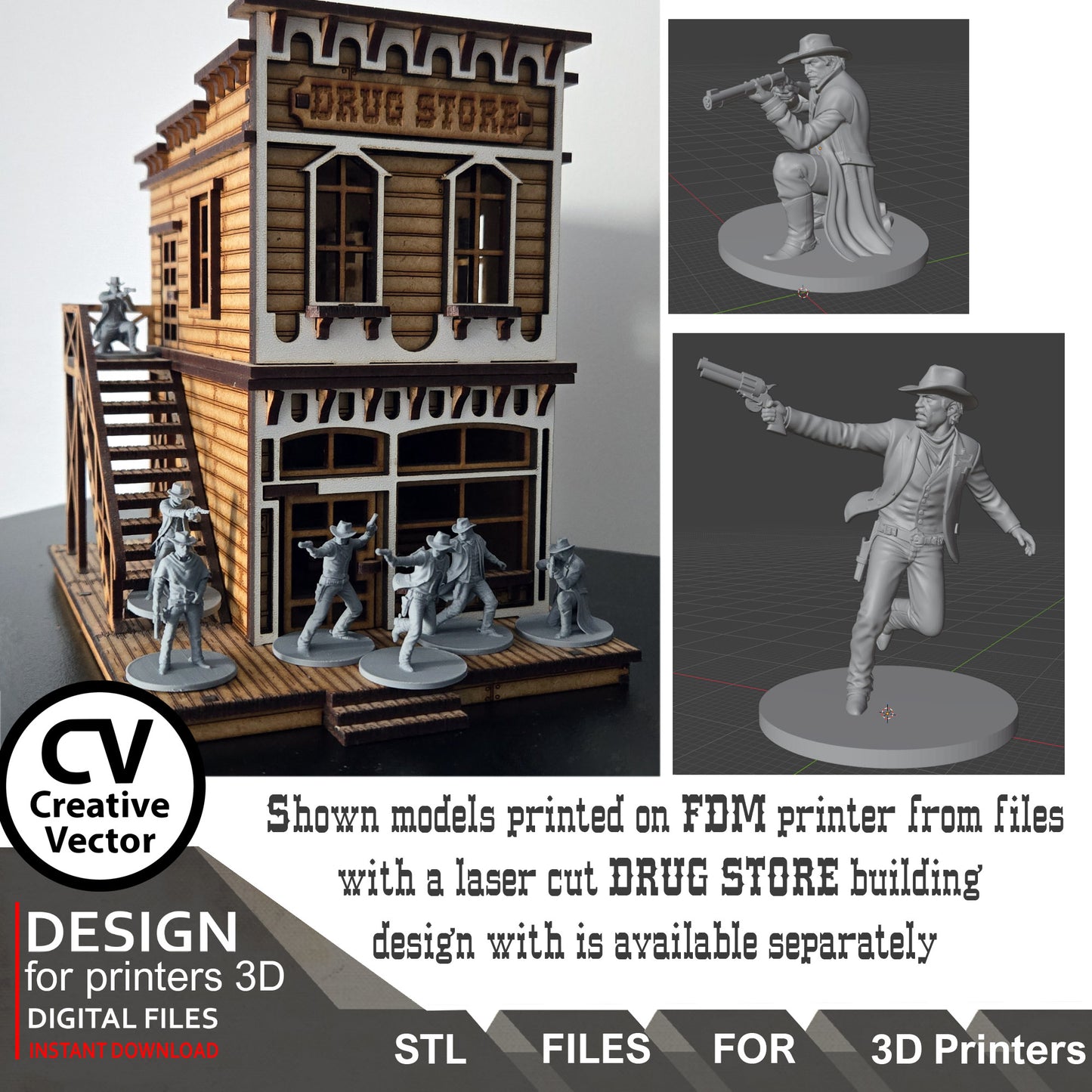 7 STL Files for 3D Printer Wild West GUNFIGHTERS and Sheriff in 28mm