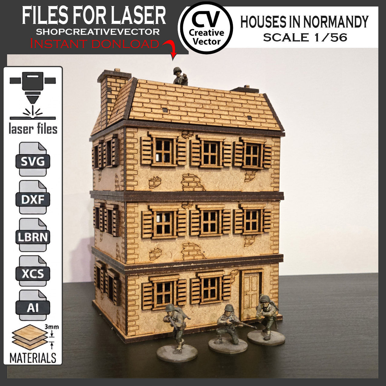 Houses in Normandy in scale 28mm 1/56 for wargaming