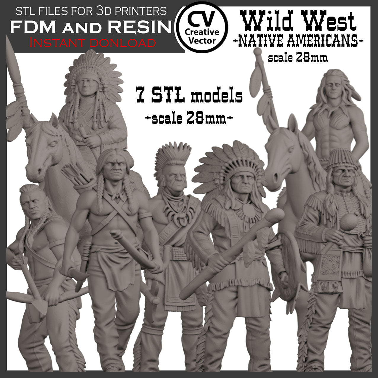 7 STL Files for 3D Printer Wild West NATIVE AMERICANS in 28mm