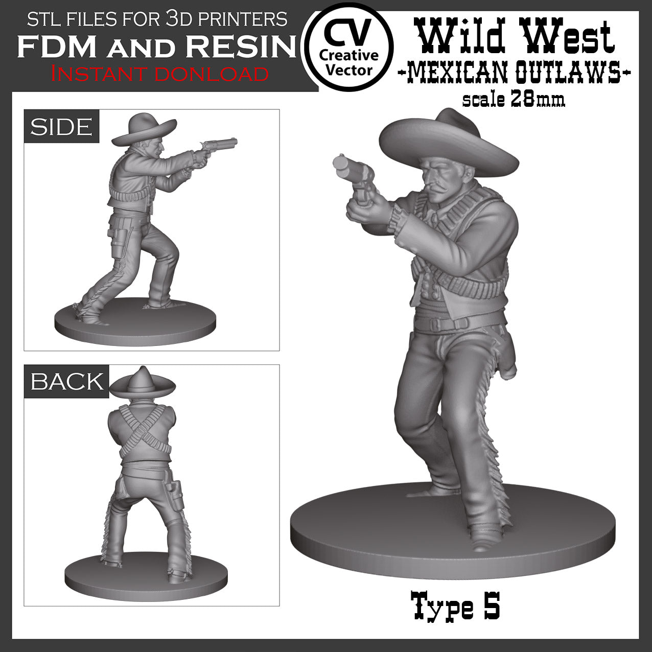 6 STL Files for 3D Printer Wild West MEXICAN OUTLAWS SET in scale 28mm