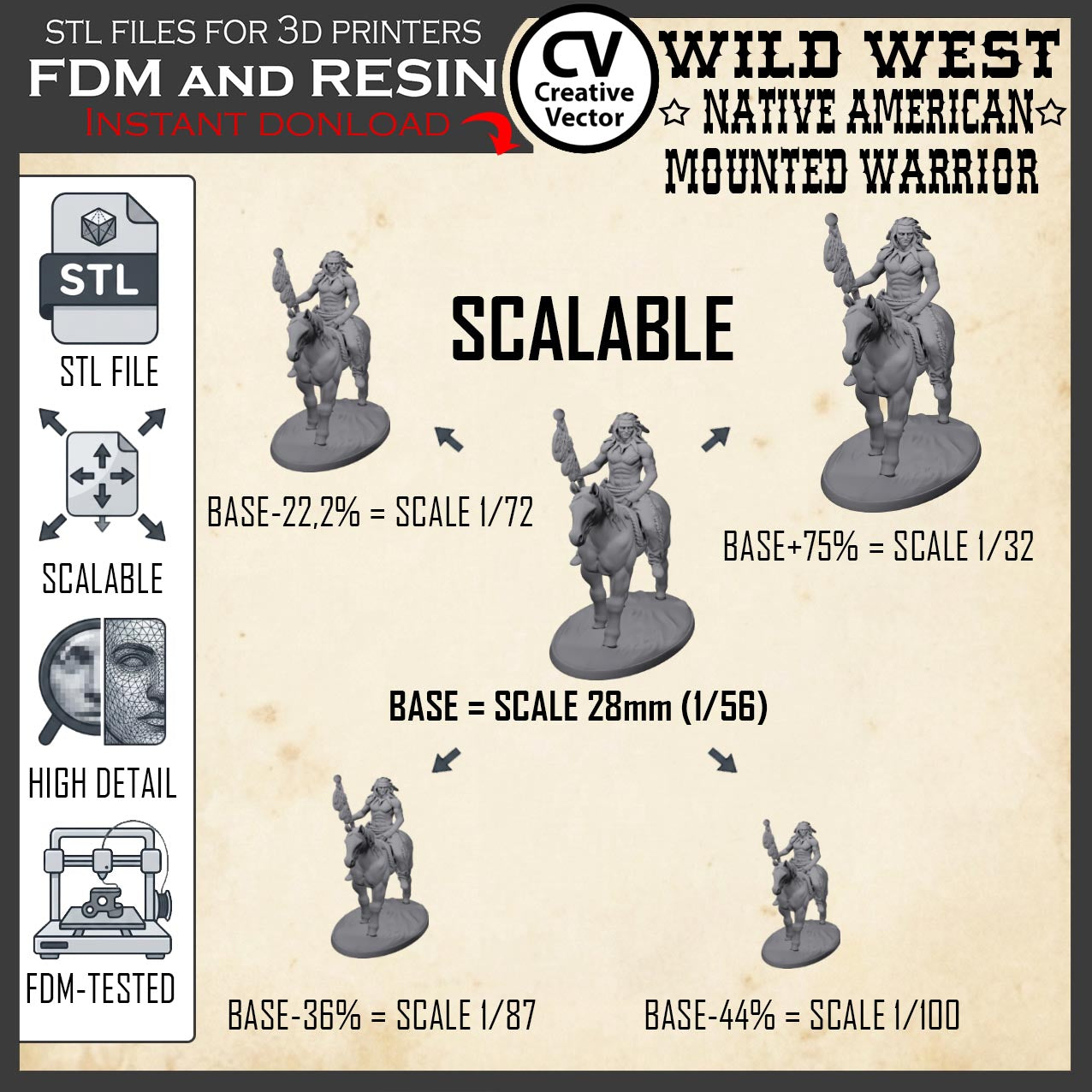Wild West NATIVE AMERICAN MOUNTED WARRIOR STL File for 3D Print Miniature