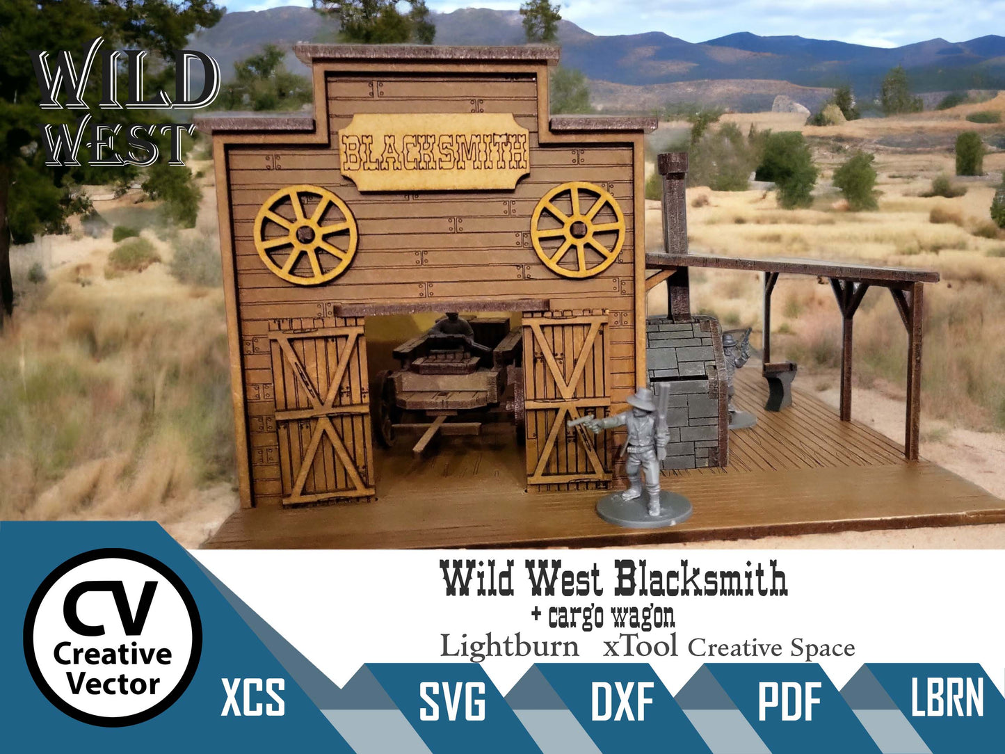 Wild West Blacksmith with cargo wagon in scale 28mm for Wargamers