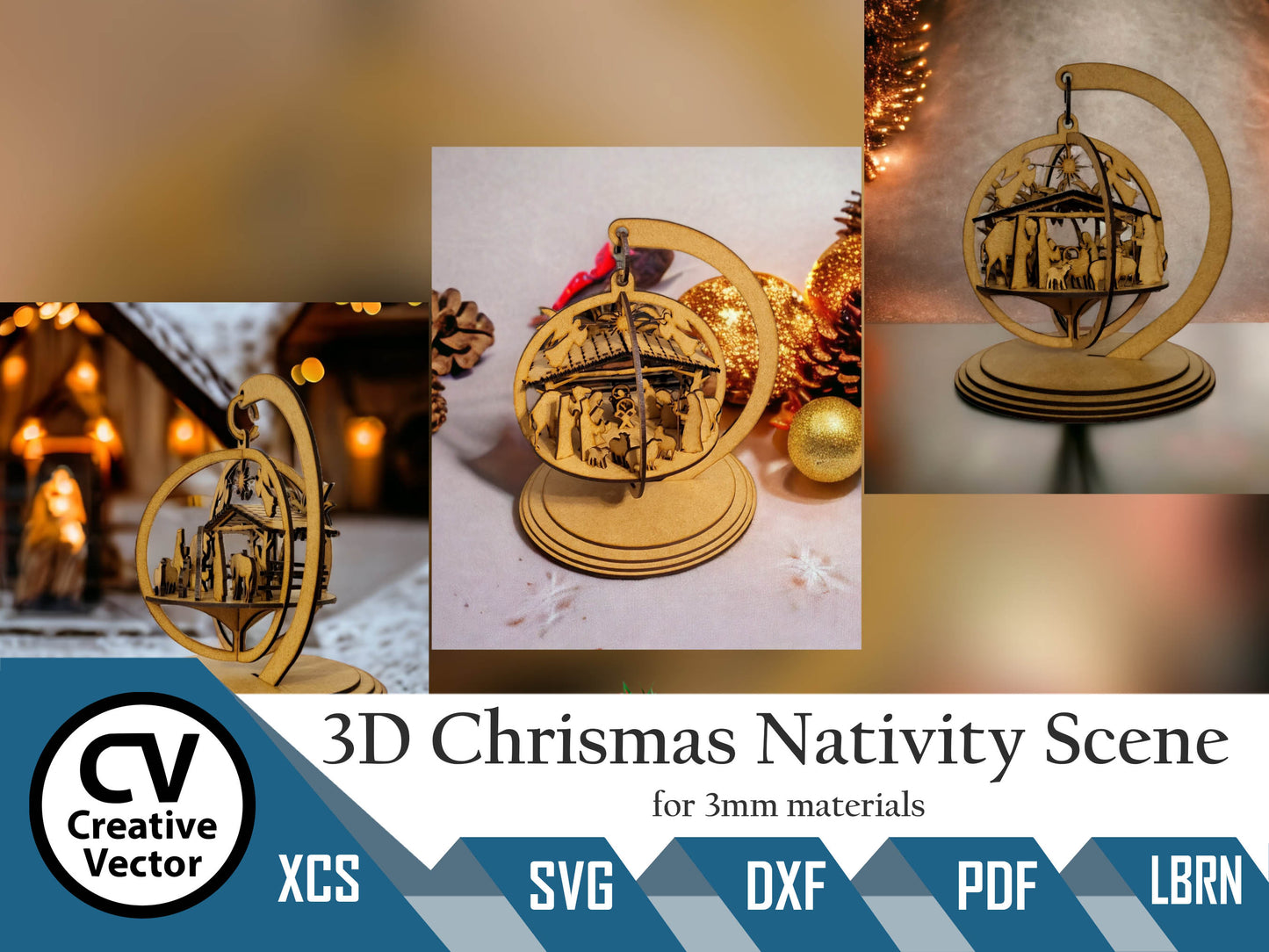 3D Christmas Nativity Scene with a standing bauble