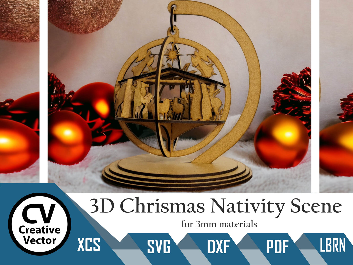 3D Christmas Nativity Scene with a standing bauble