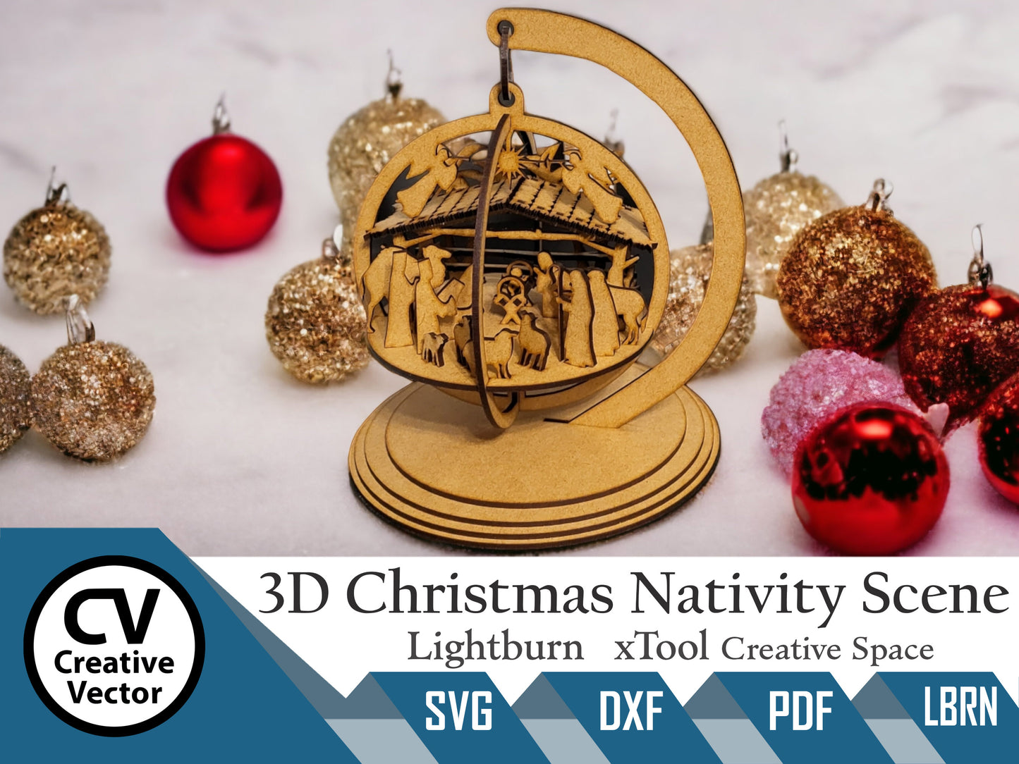 3D Christmas Nativity Scene with a standing bauble