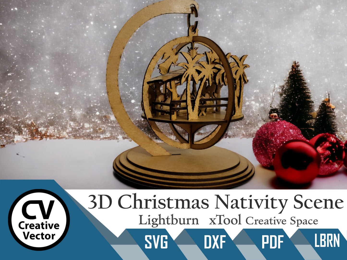 3D Christmas Nativity Scene with a standing bauble