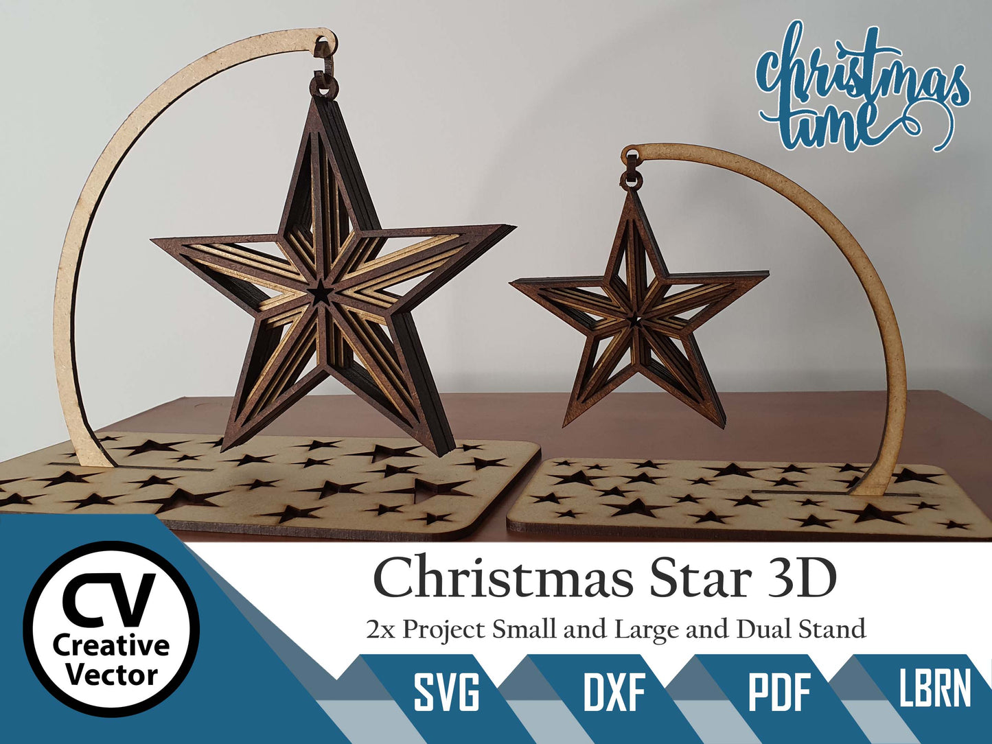 2 x Christmas Standing Stars 3D Type 2 + Dual stand