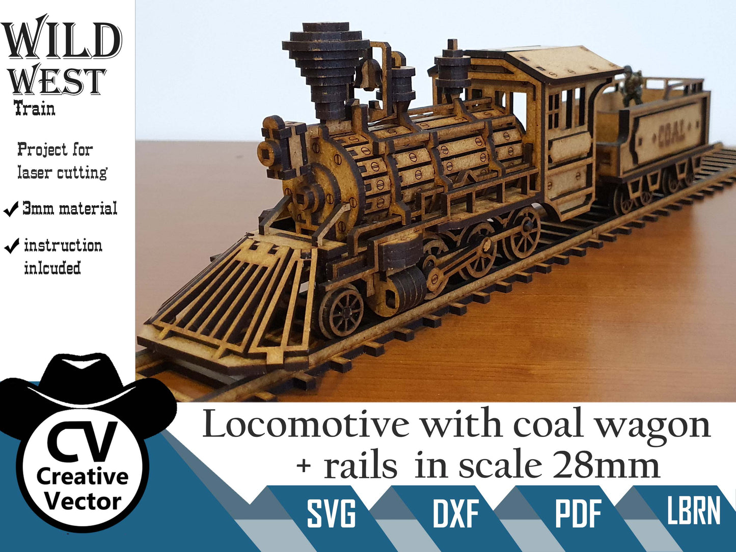 Wild West Locomotive with coal wagon + rails in scale 28mm for Wargamers