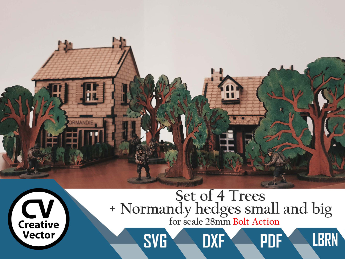 Set of 4 Trees and Normandy hedges small and big scale 28mm for game Bolt Action