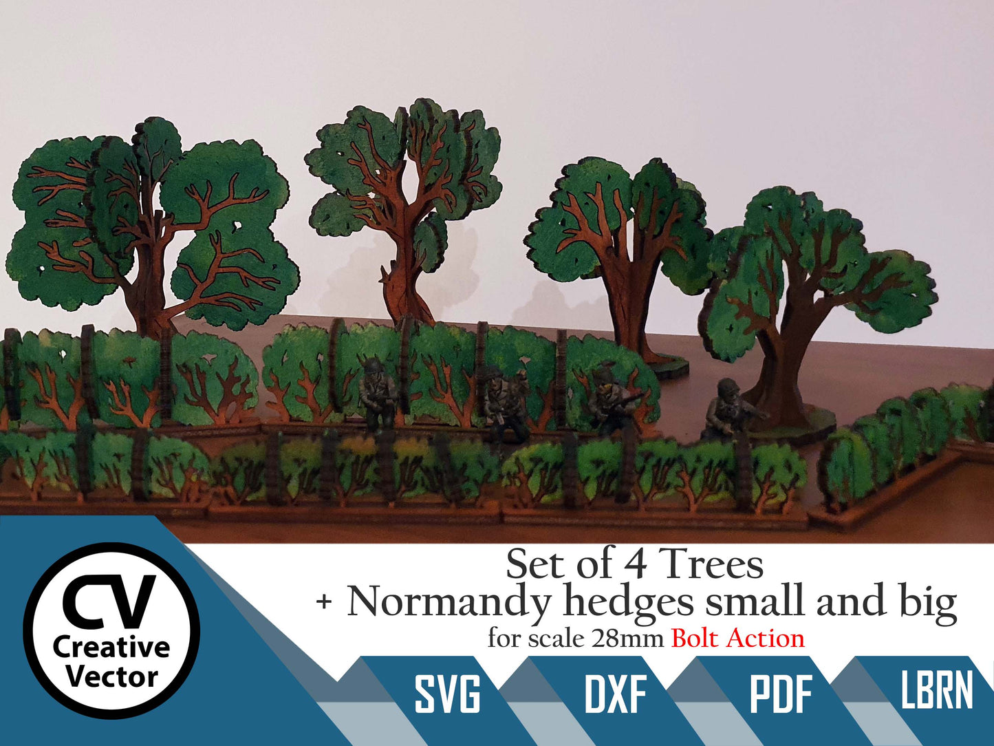 Set of 4 Trees and Normandy hedges small and big scale 28mm for game Bolt Action