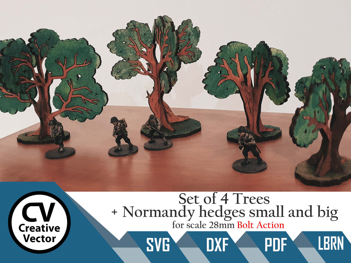 Set of 4 Trees and Normandy hedges small and big scale 28mm for game Bolt Action
