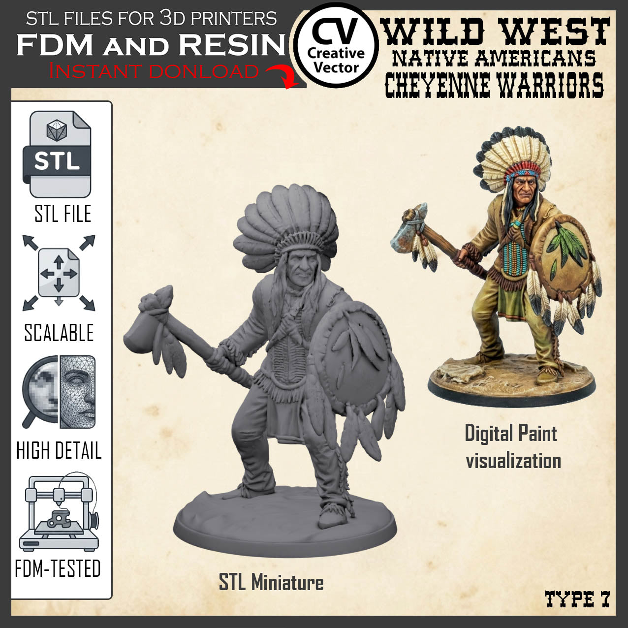 7 STL files Bundle CHEYENNE NATIVE AMERICANS Wild West for 3D Print Miniatures Indians
