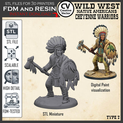 7 STL files Bundle CHEYENNE NATIVE AMERICANS Wild West for 3D Print Miniatures Indians