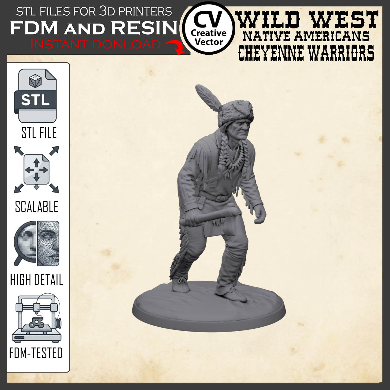 7 STL files Bundle CHEYENNE NATIVE AMERICANS Wild West for 3D Print Miniatures Indians