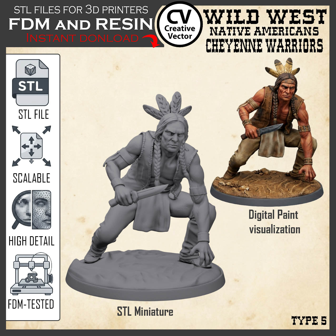 7 STL files Bundle CHEYENNE NATIVE AMERICANS Wild West for 3D Print Miniatures Indians