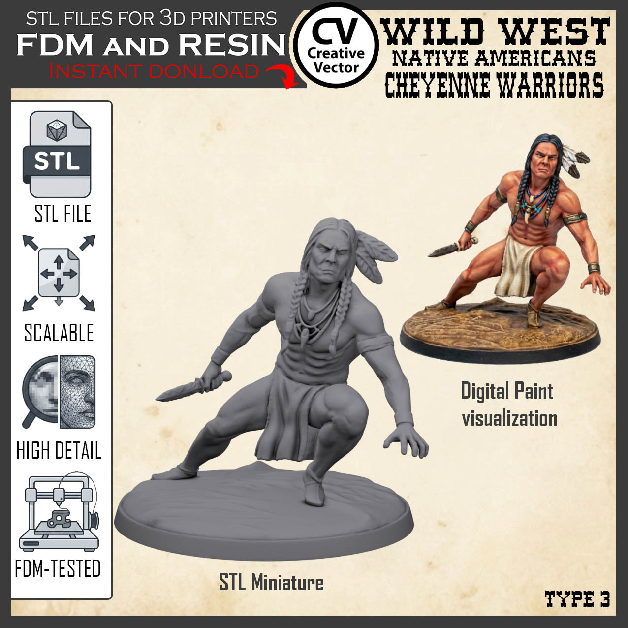 7 STL files Bundle CHEYENNE NATIVE AMERICANS Wild West for 3D Print Miniatures Indians