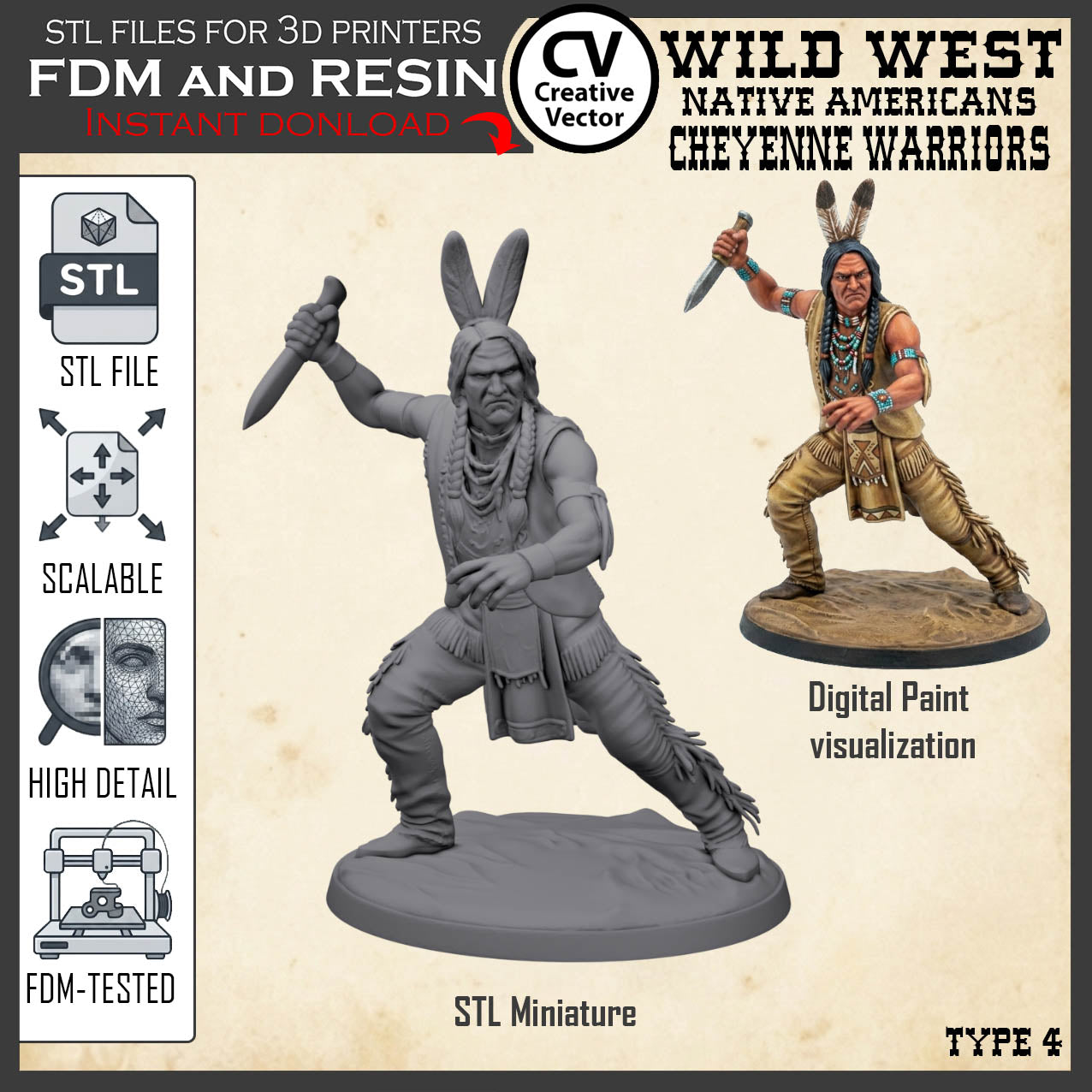 7 STL files Bundle CHEYENNE NATIVE AMERICANS Wild West for 3D Print Miniatures Indians