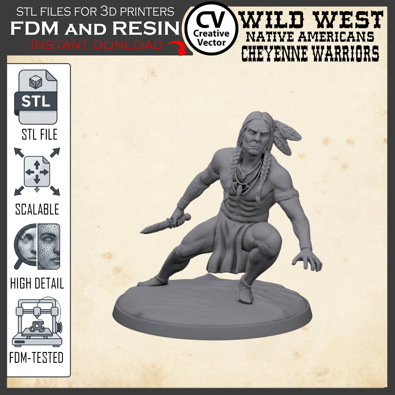 7 STL files Bundle CHEYENNE NATIVE AMERICANS Wild West for 3D Print Miniatures Indians