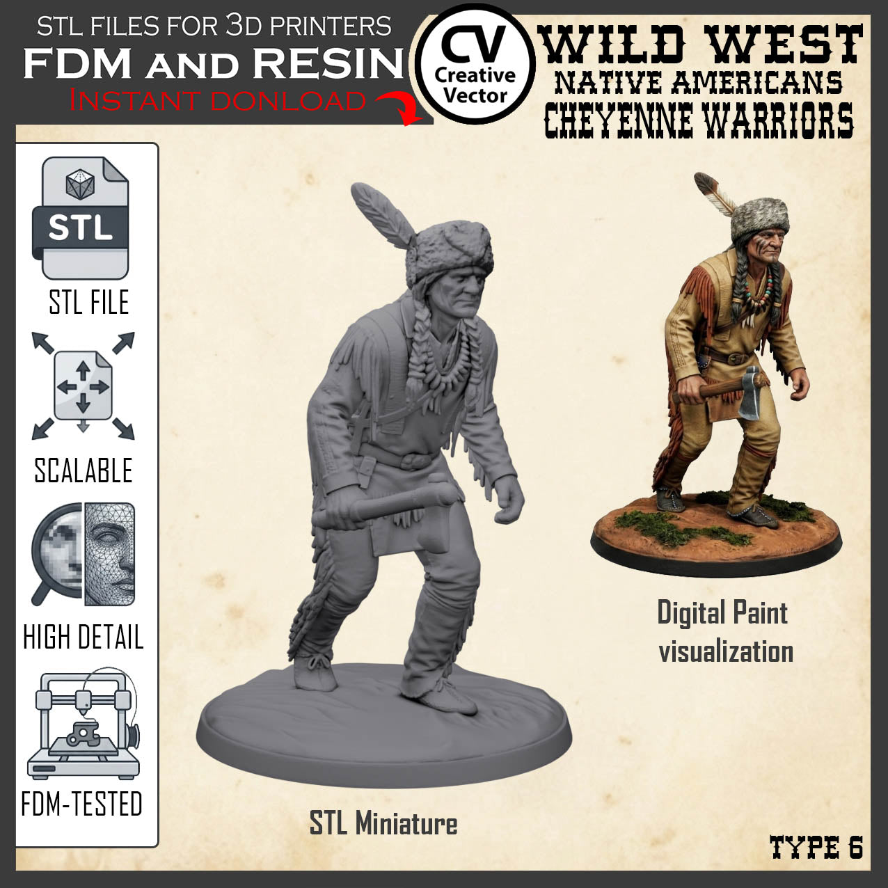 7 STL files Bundle CHEYENNE NATIVE AMERICANS Wild West for 3D Print Miniatures Indians