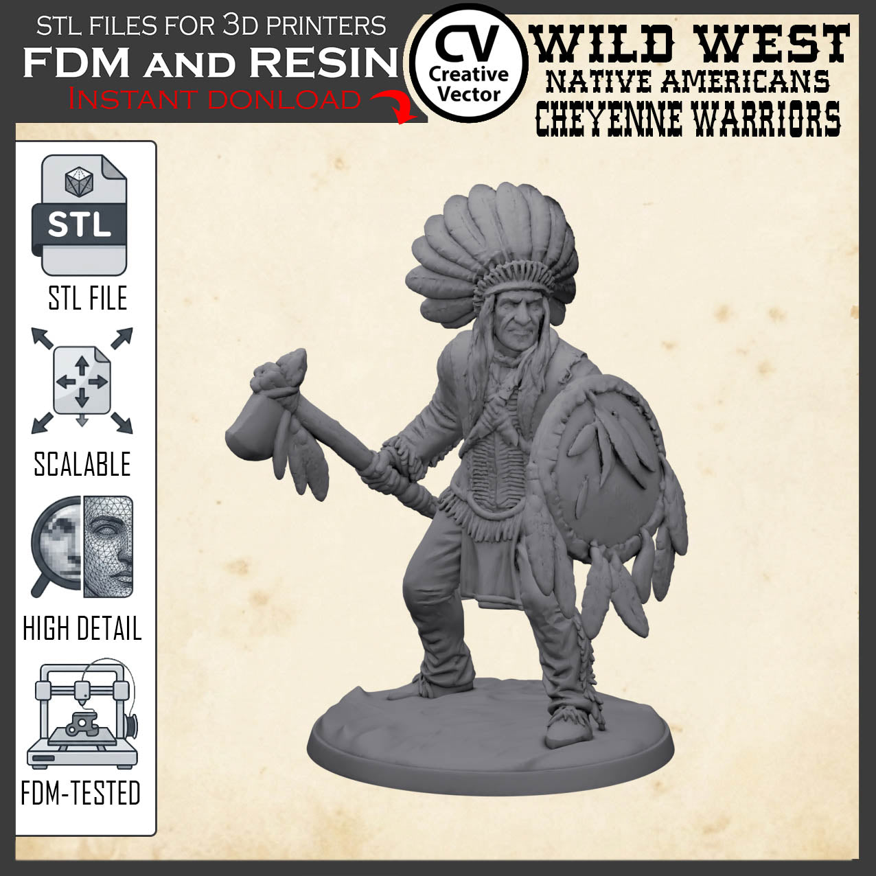 7 STL files Bundle CHEYENNE NATIVE AMERICANS Wild West for 3D Print Miniatures Indians