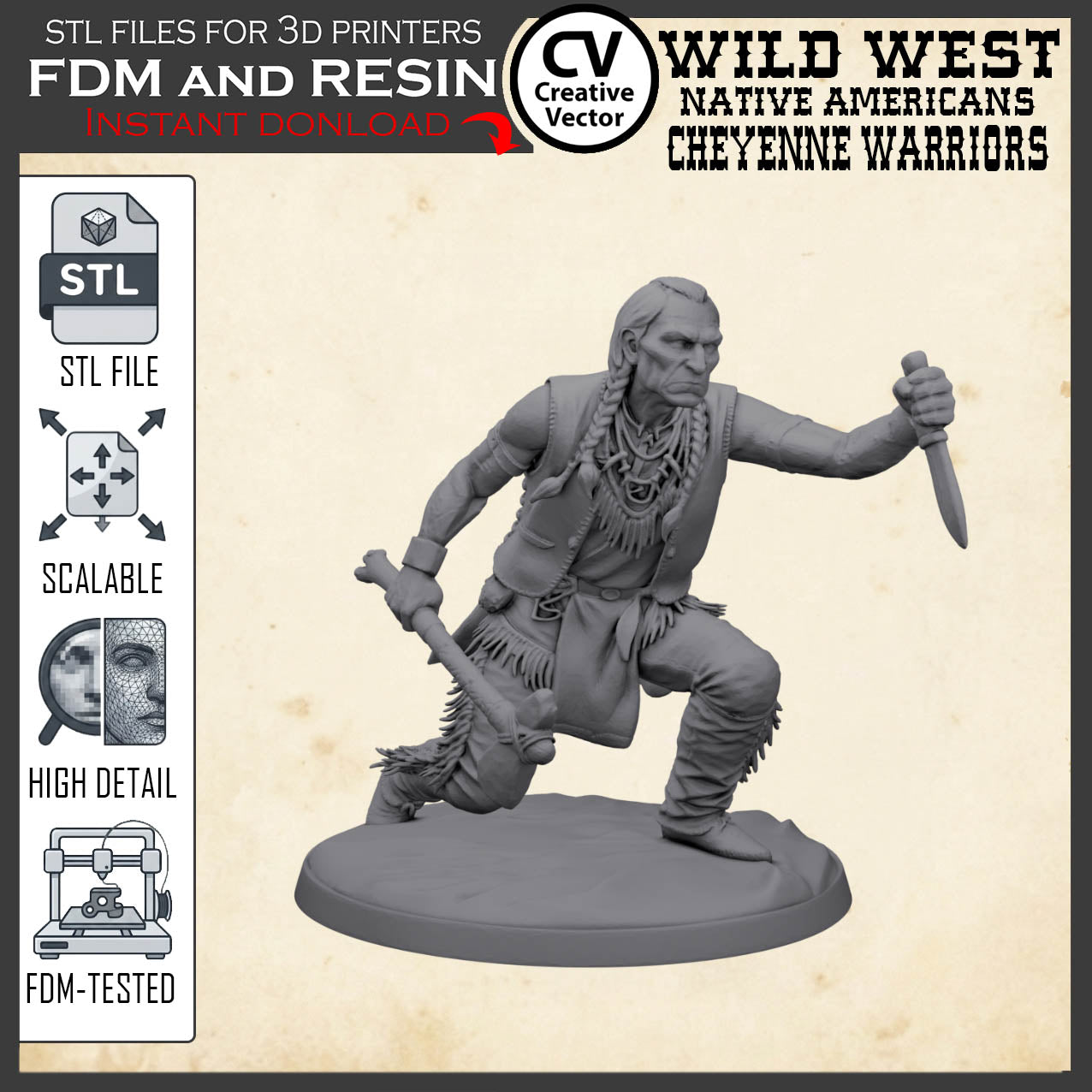 7 STL files Bundle CHEYENNE NATIVE AMERICANS Wild West for 3D Print Miniatures Indians