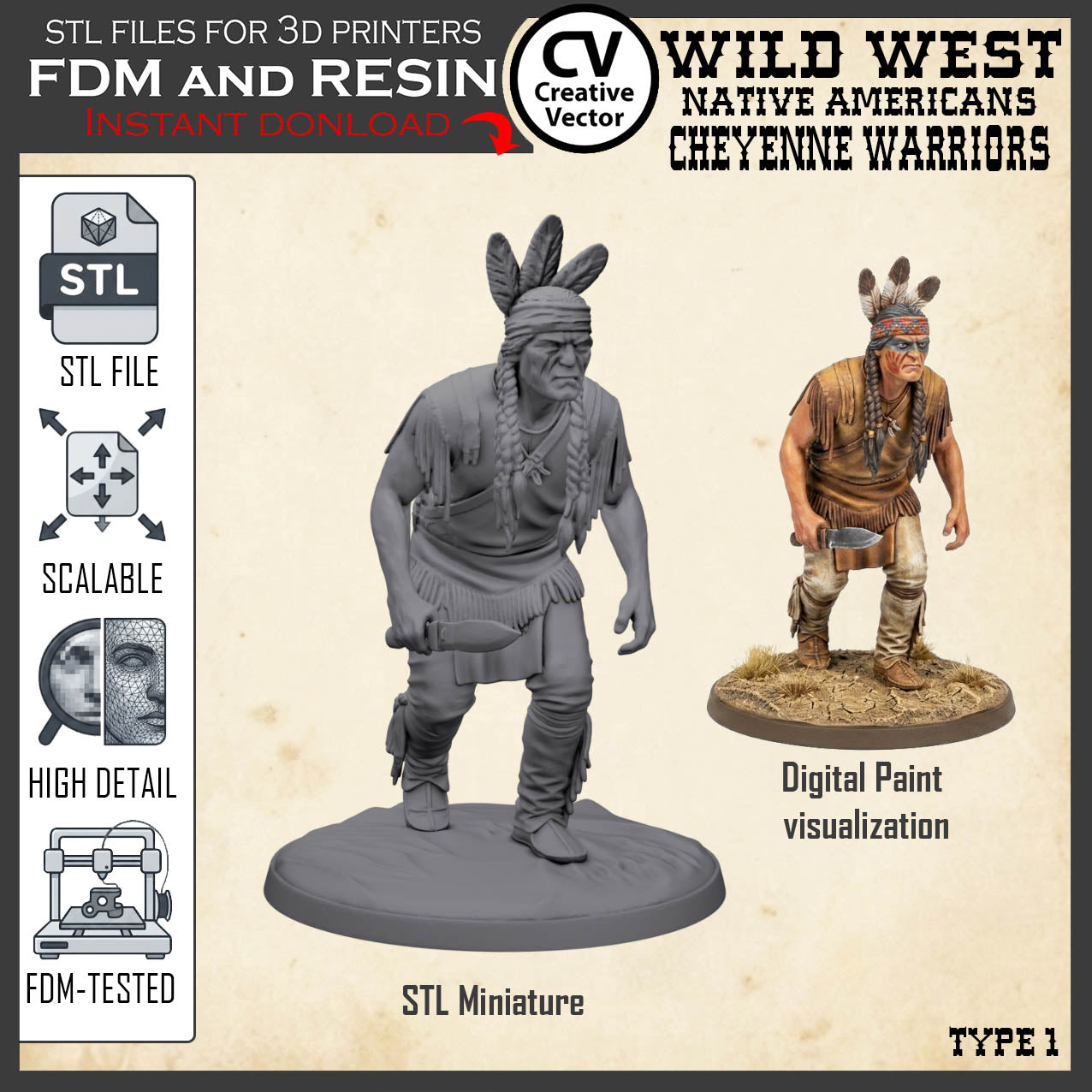 7 STL files Bundle CHEYENNE NATIVE AMERICANS Wild West for 3D Print Miniatures Indians