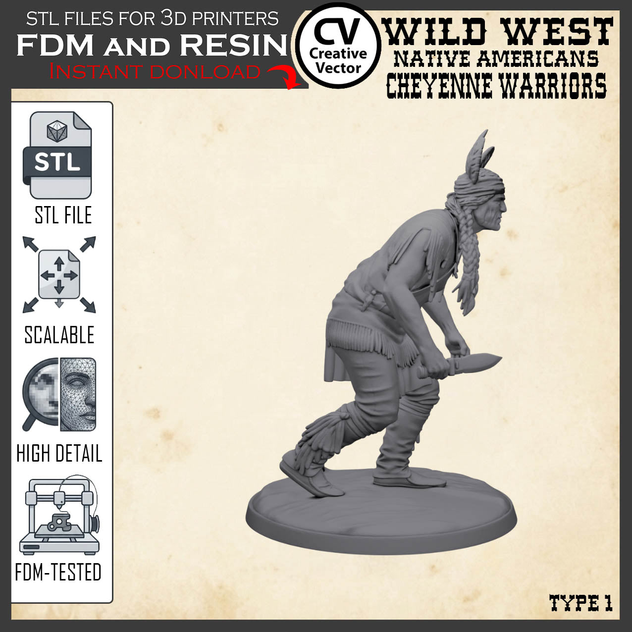 7 STL files Bundle CHEYENNE NATIVE AMERICANS Wild West for 3D Print Miniatures Indians
