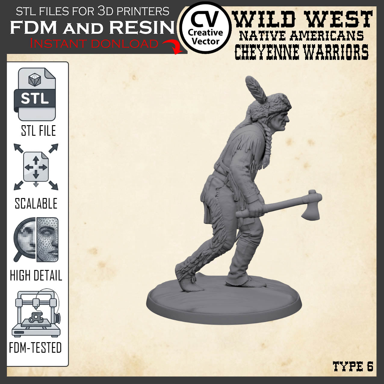 7 STL files Bundle CHEYENNE NATIVE AMERICANS Wild West for 3D Print Miniatures Indians