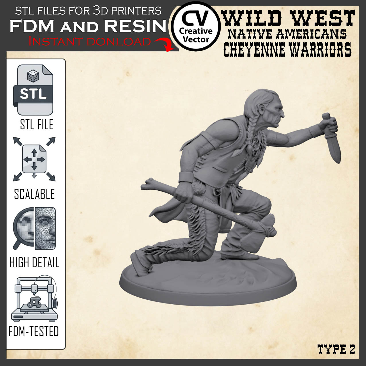 7 STL files Bundle CHEYENNE NATIVE AMERICANS Wild West for 3D Print Miniatures Indians