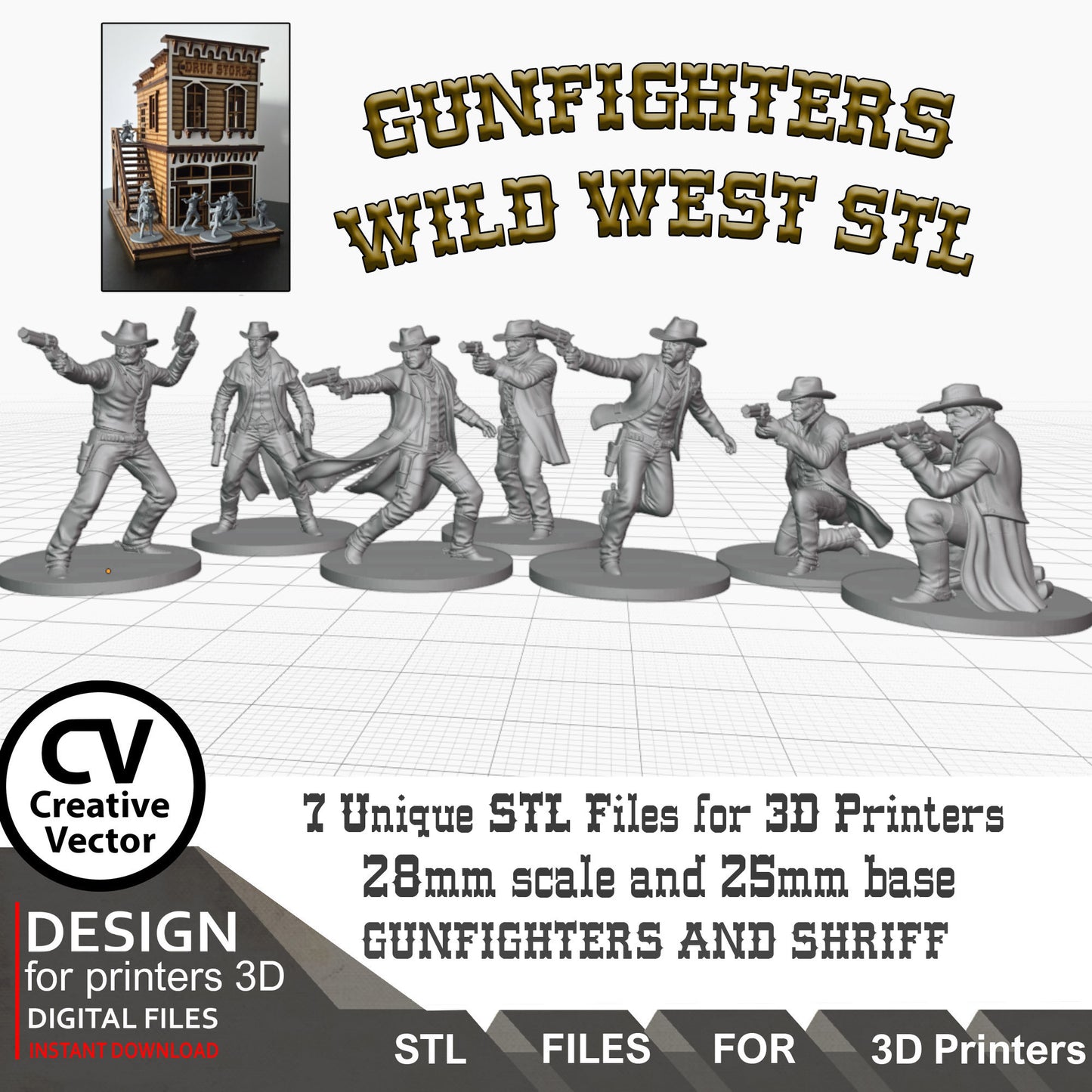 7 STL Files for 3D Printer 6 Gunfighters and Sheriff (Digital Download)