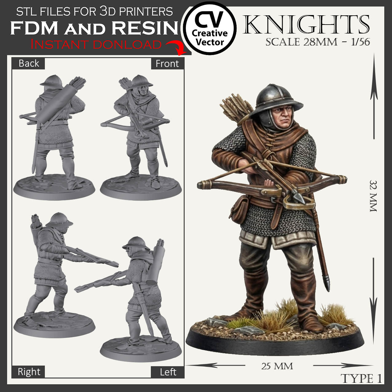 7 STL Files for 3D Printer KNIGHTS SET in scale 28mm 1/56