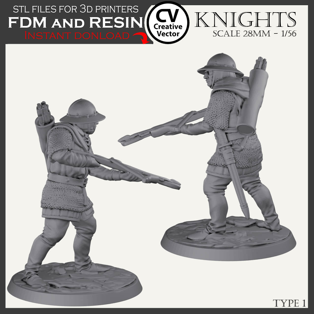 7 STL Files for 3D Printer KNIGHTS SET in scale 28mm 1/56