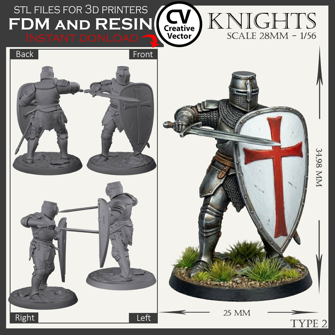 7 STL Files for 3D Printer KNIGHTS SET in scale 28mm 1/56