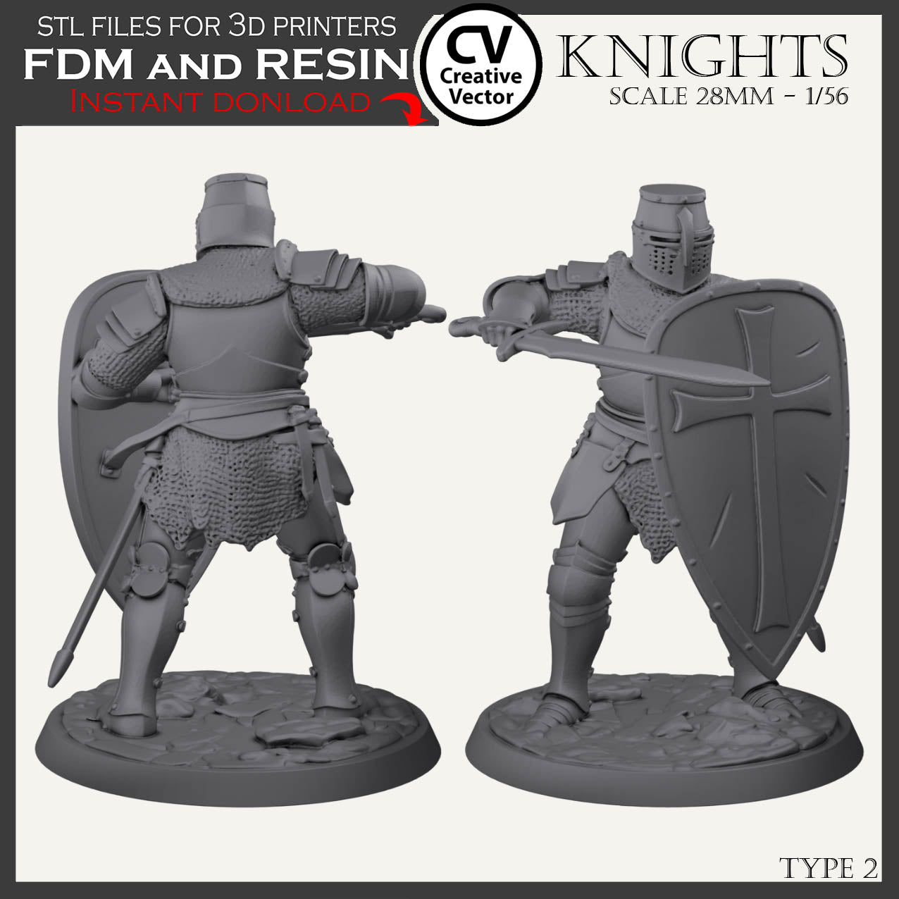 7 STL Files for 3D Printer KNIGHTS SET in scale 28mm 1/56
