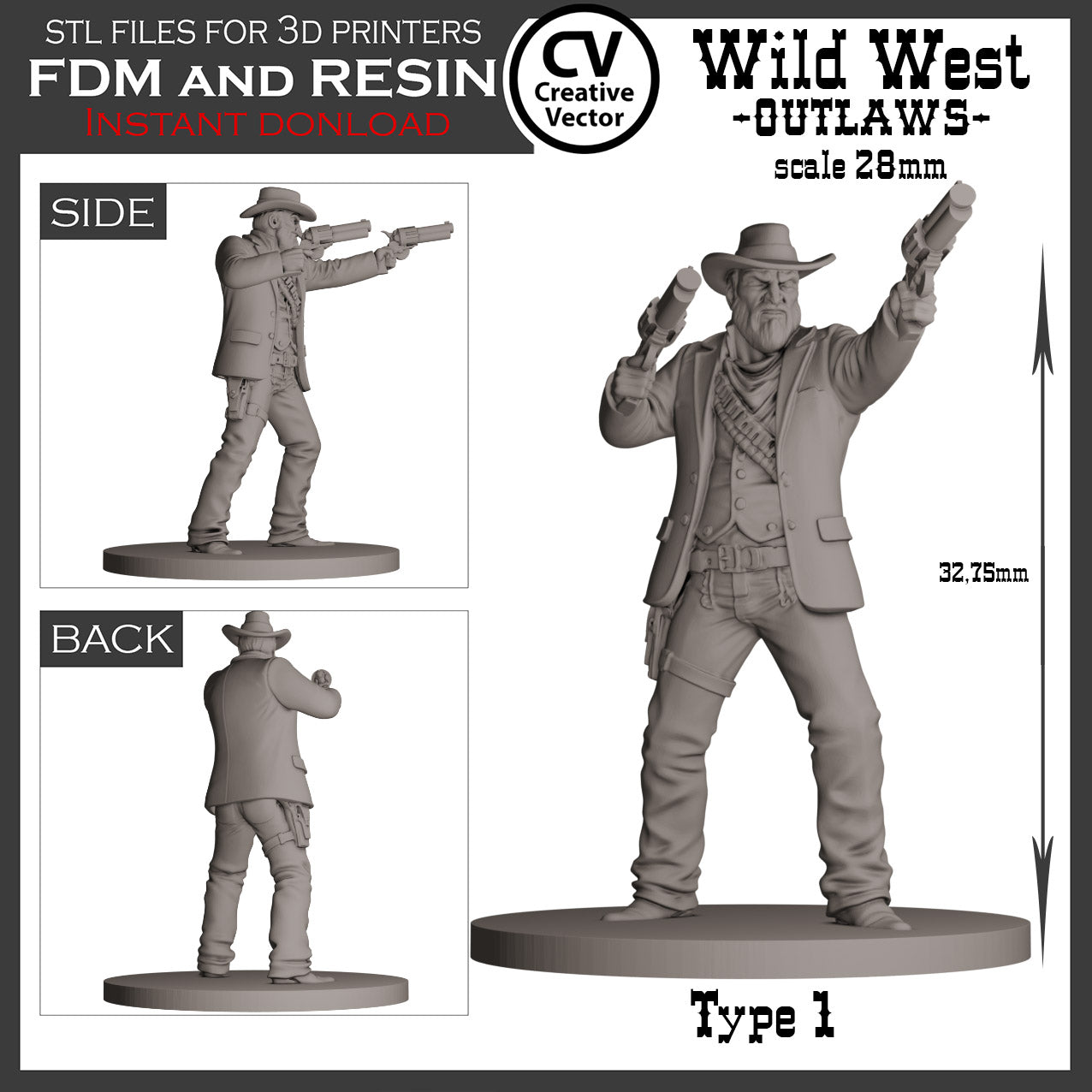 7 STL Files for 3D Printer Wild West OUTLAWS in 28mm