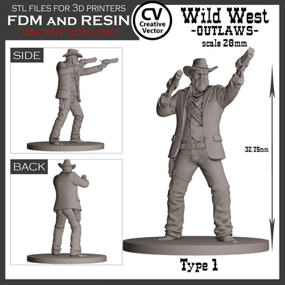 7 STL Files for 3D Printer Wild West OUTLAWS in 28mm