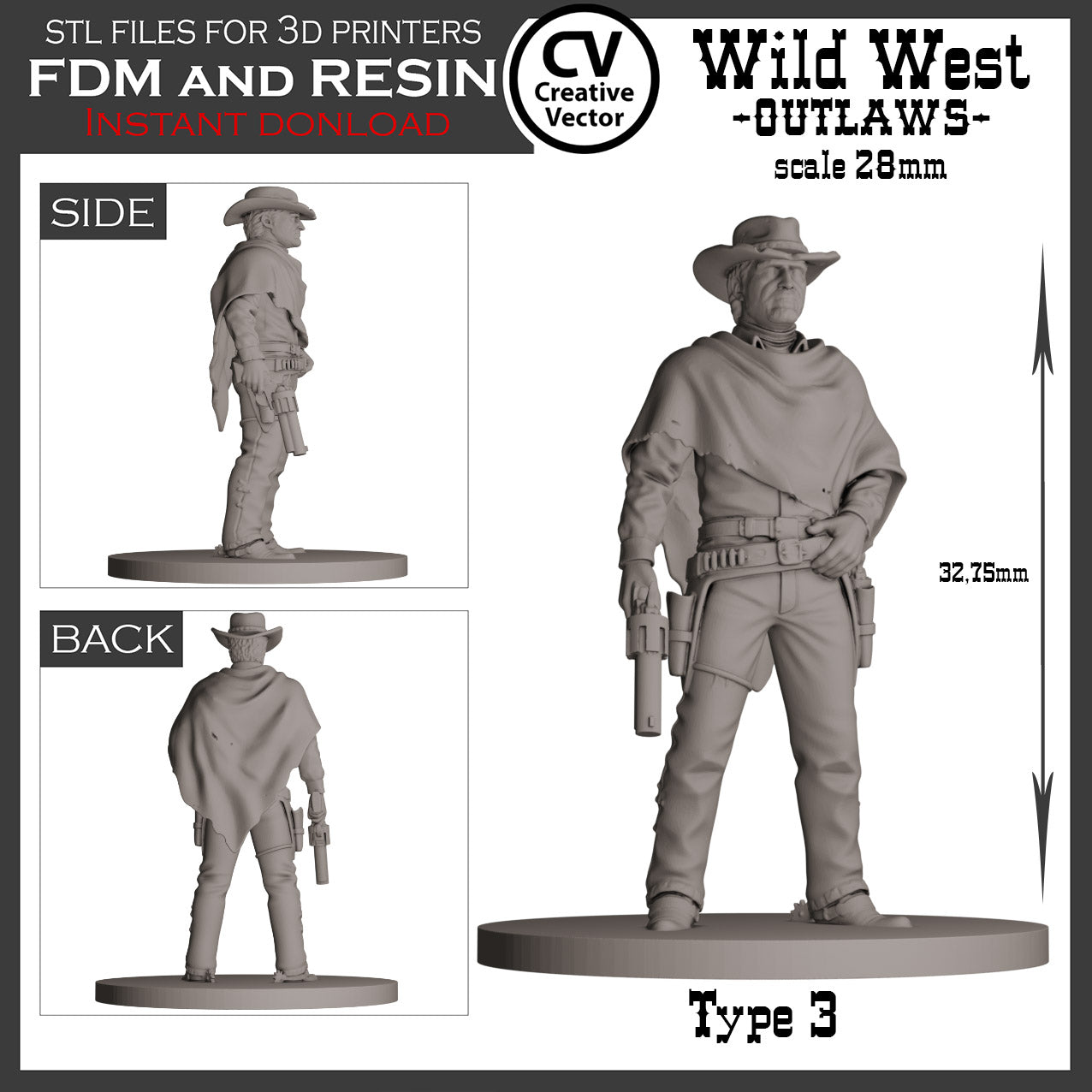 7 STL Files for 3D Printer Wild West OUTLAWS in 28mm