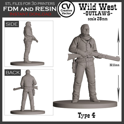 7 STL Files for 3D Printer Wild West OUTLAWS in 28mm