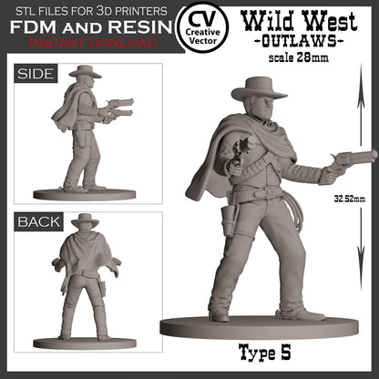 7 STL Files for 3D Printer Wild West OUTLAWS in 28mm