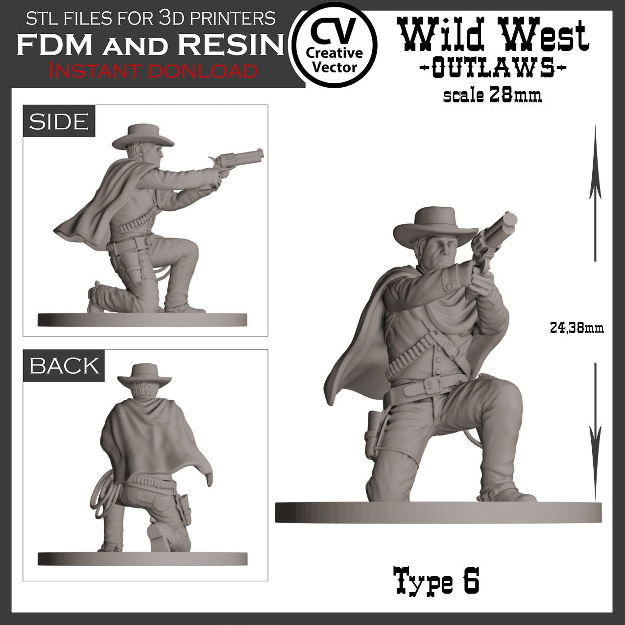 7 STL Files for 3D Printer Wild West OUTLAWS in 28mm