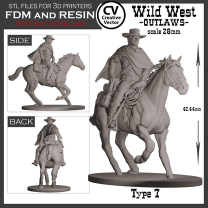 7 STL Files for 3D Printer Wild West OUTLAWS in 28mm