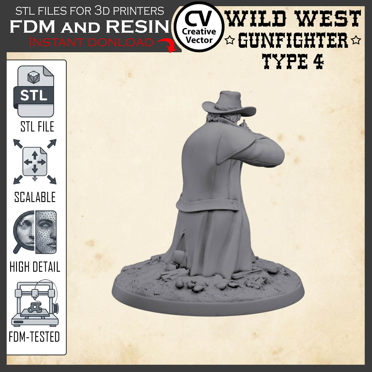 Wild West GUNFIGHTER Type 4 for 3D Print STL file Miniature