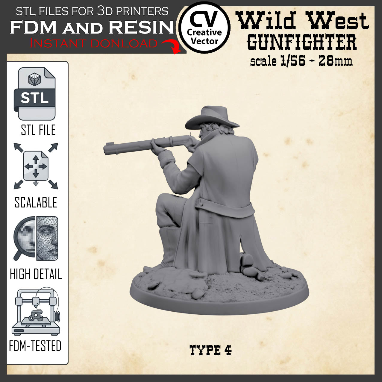 Wild West GUNFIGHTER Type 4 for 3D Print STL file Miniature