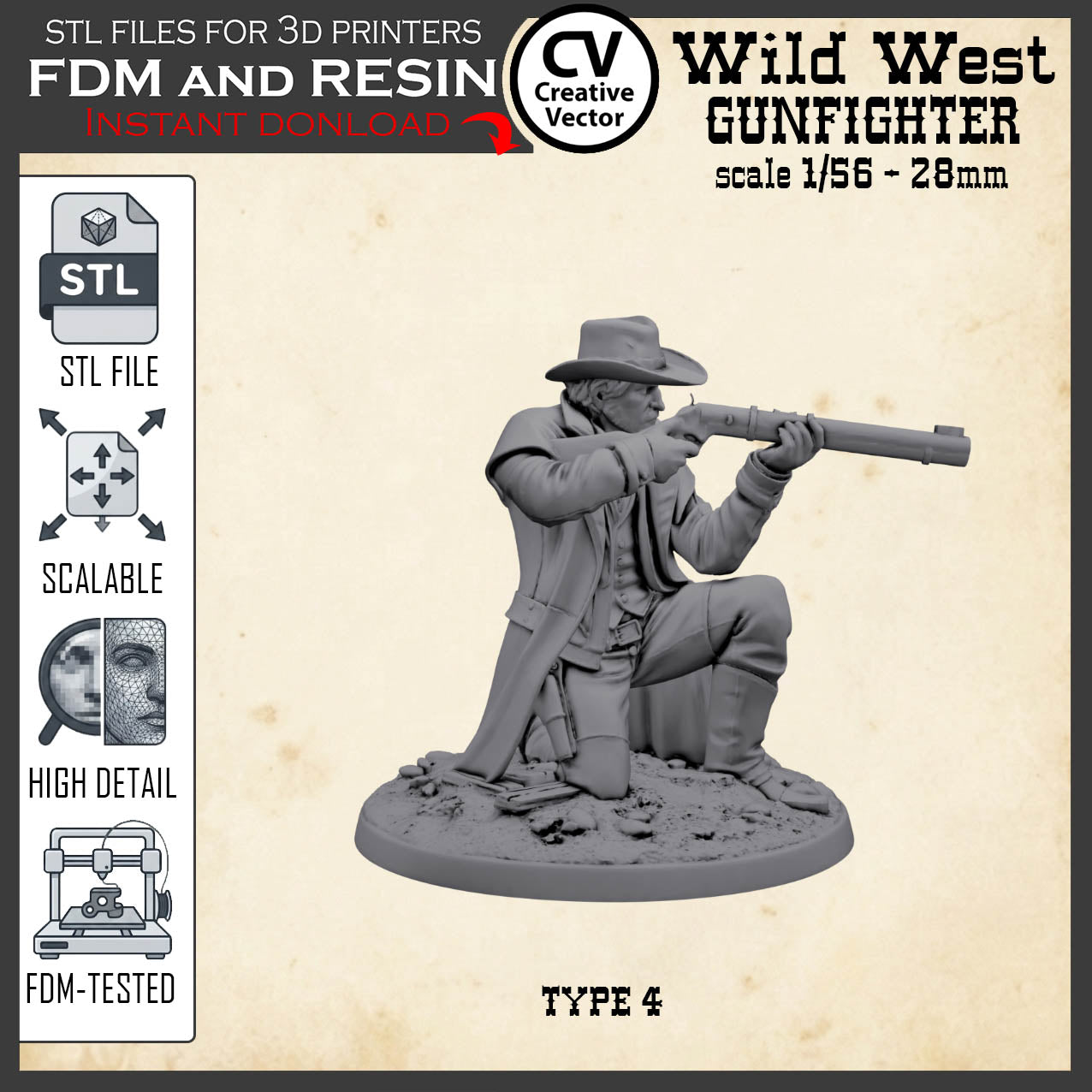 Wild West GUNFIGHTER Type 4 for 3D Print STL file Miniature