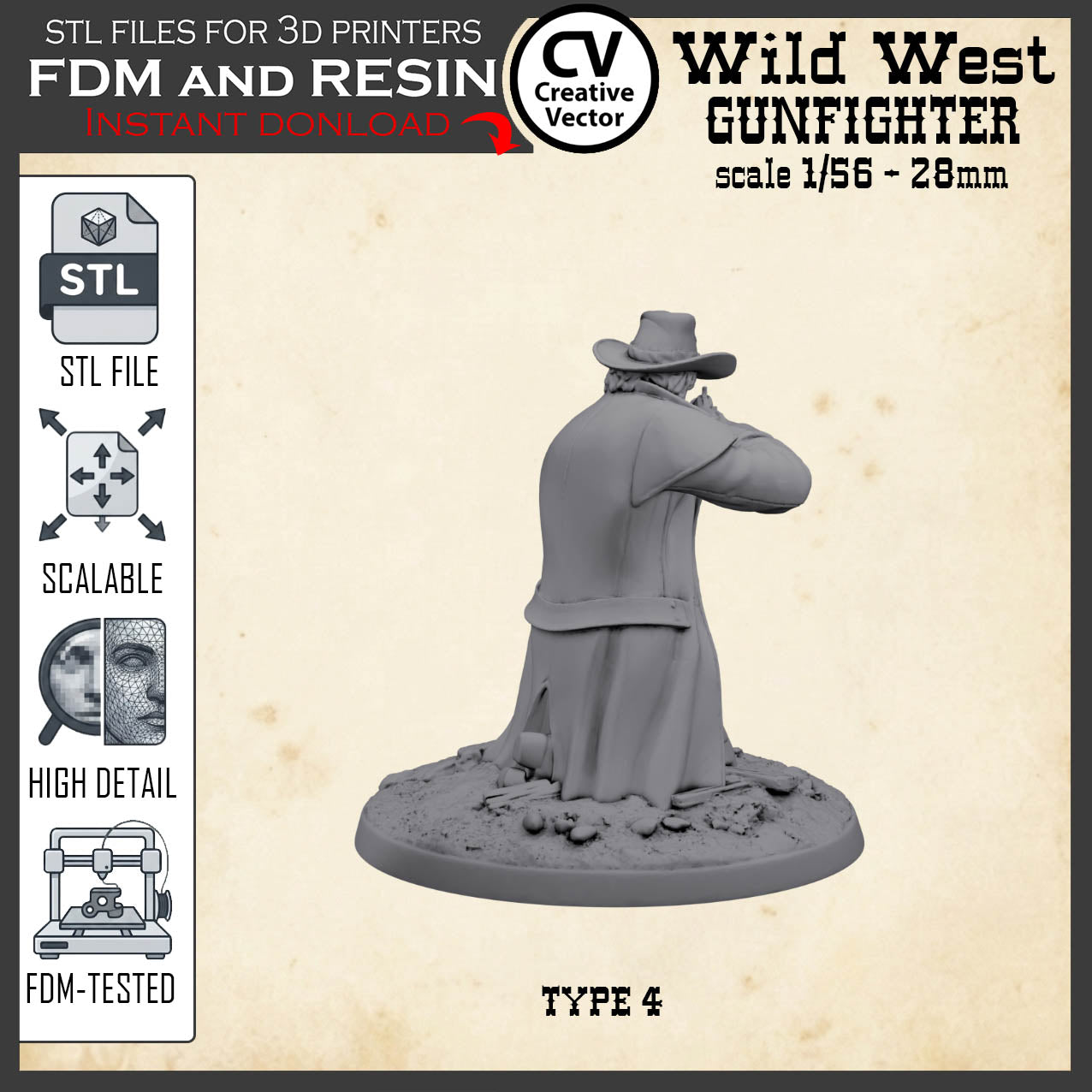 Wild West GUNFIGHTER Type 4 for 3D Print STL file Miniature