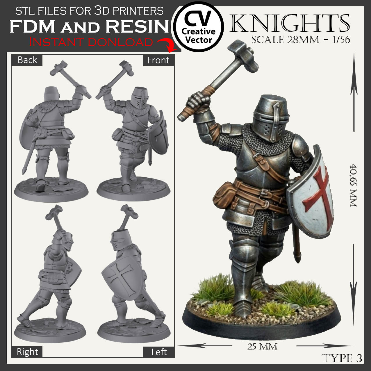 7 STL Files for 3D Printer KNIGHTS SET in scale 28mm 1/56