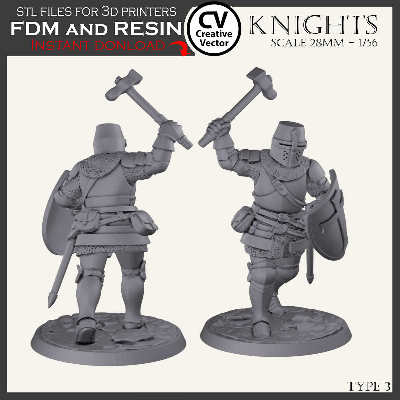 7 STL Files for 3D Printer KNIGHTS SET in scale 28mm 1/56