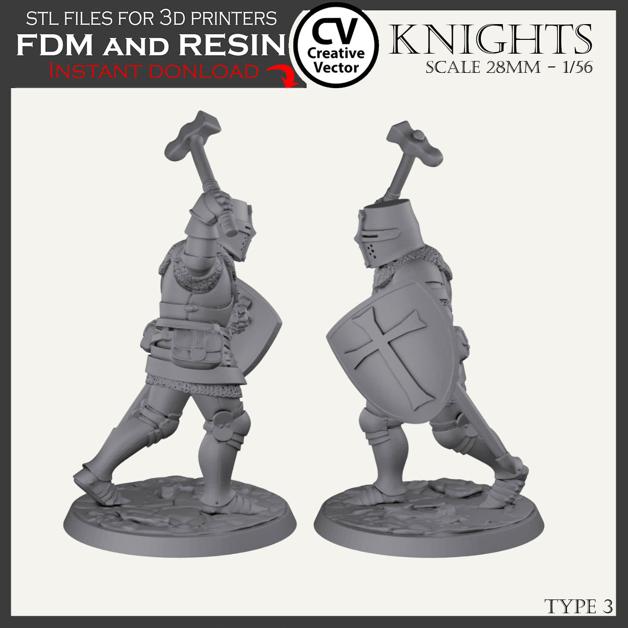 7 STL Files for 3D Printer KNIGHTS SET in scale 28mm 1/56