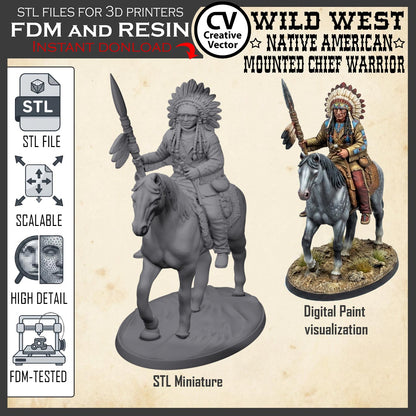 Wild West NATIVE AMERICAN MOUNTED CHIEF WARRIOR STL File for 3D Print Miniature